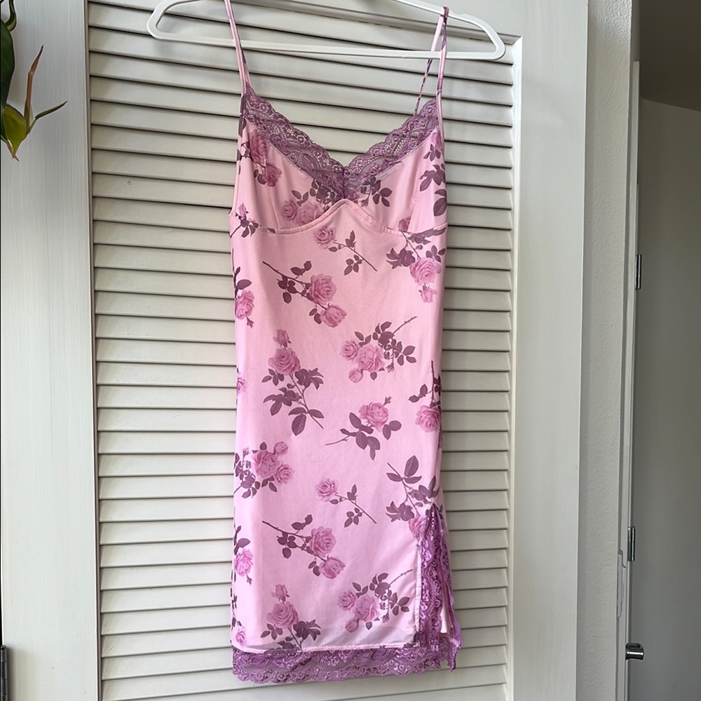 Floral Pink Lace Trim Slip Dress